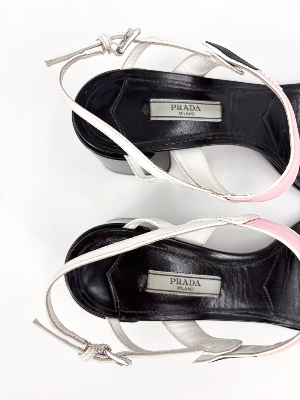 PRADA T-Strap Slingback Block Heel Sandals in White Black EU 38 US 8 - Picture 9 of 13